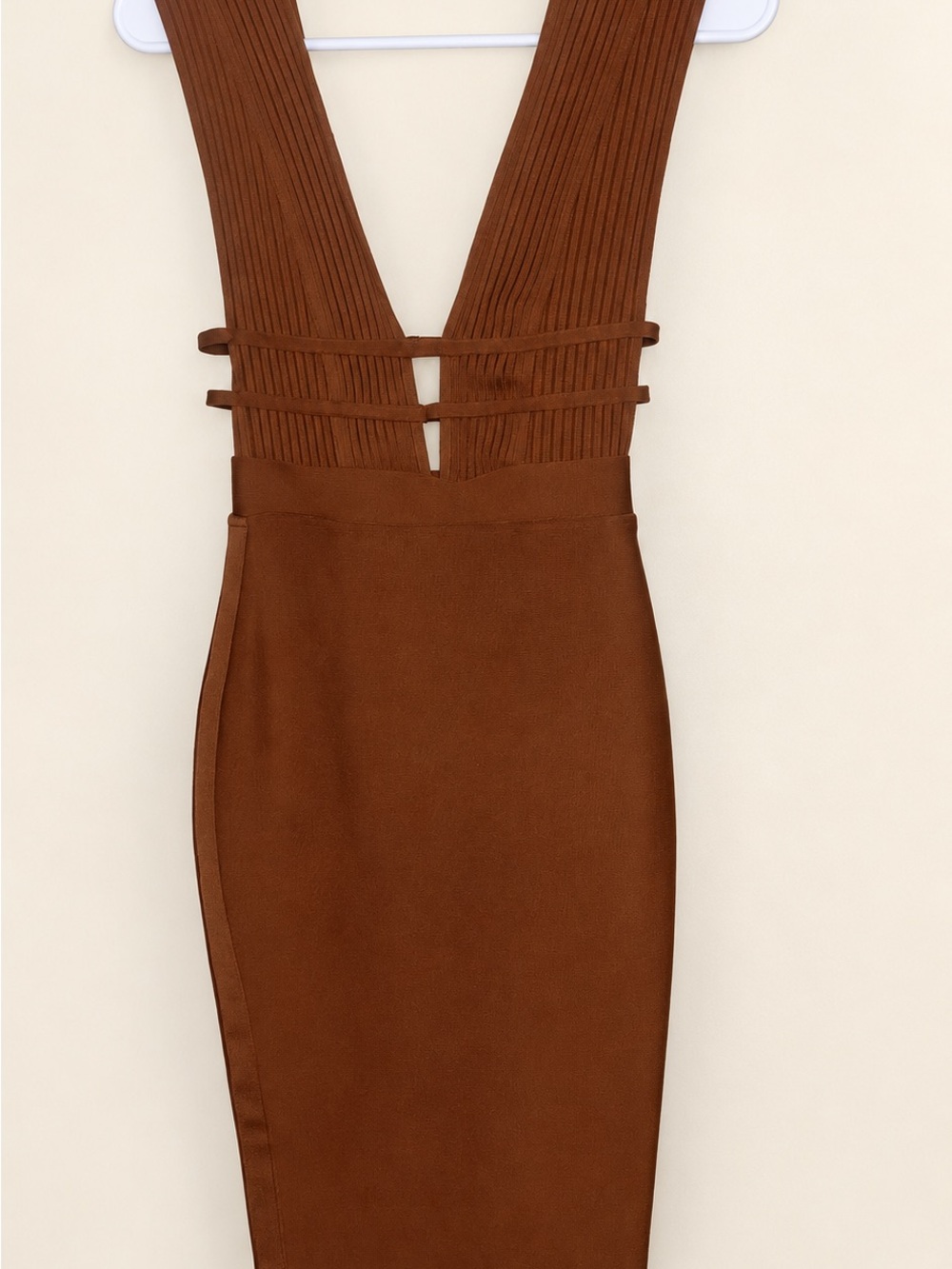 Amazon Brown Ribbed Deep V Neck Bodycon Mini Dress